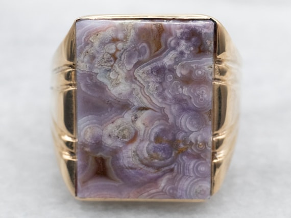 Yellow Gold Rectangle Cut Lace Agate Solitaire Co… - image 2