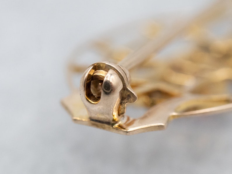 May include: Close-up of the back of a gold-toned brooch with a pin and catch closure.