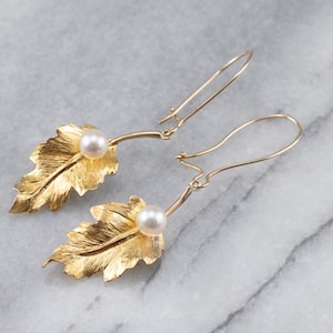 Pearl Gold Leaf Drop Earrings, Statement Earrings, Botanical Earrings, Nature Inspired, Bridal Jewelry, TRCDR71C