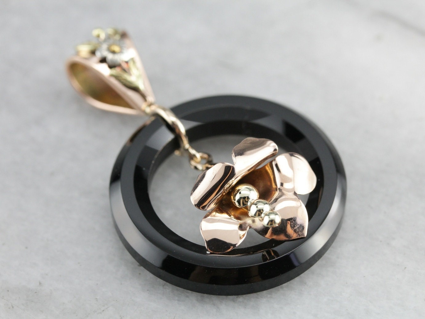 Black Onyx Flower Pendant, Mix Metal Pendant, Floral Pendant