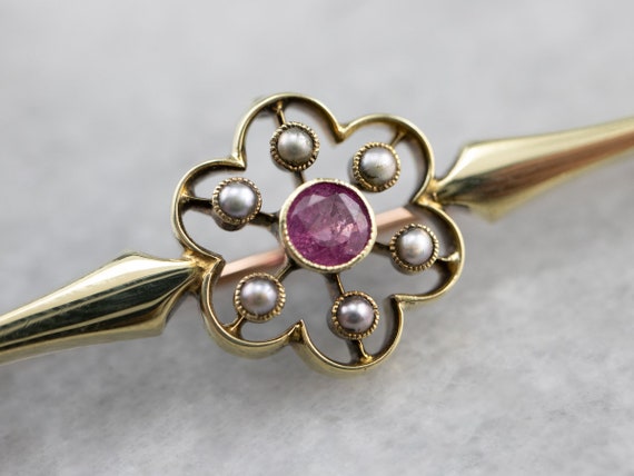 Antique Pink Sapphire Seed Pearl Brooch, Victoria… - image 7