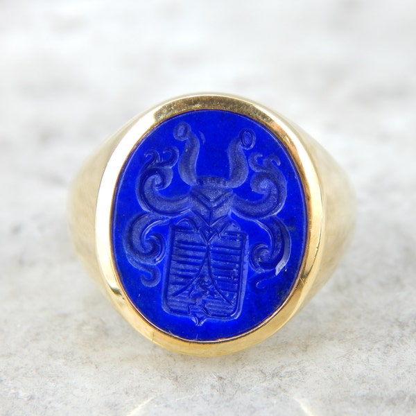 18K Yellow Gold Lapis Intaglio, Wax Seal, Crest Signet Ring ZKN1AU-D