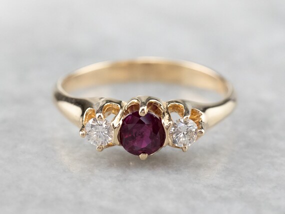 14K Yellow Gold Ruby and Diamond Three Stone Ring… - image 1