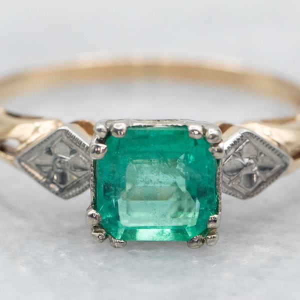 Retro Era Emerald Solitaire Engagement Ring, Square Cut Emerald Ring, Two Tone Gold Ring, Vintage Emerald Ring, May Birthstone A36517