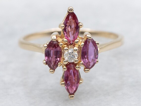 14K Gold Diamond Ruby Flower Ring, Marquise Halo - image 1