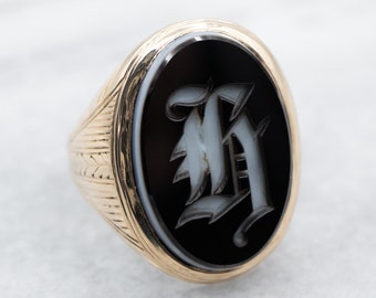 14K Gold Black Onyx Signet Ring, Antique "H" Monogram