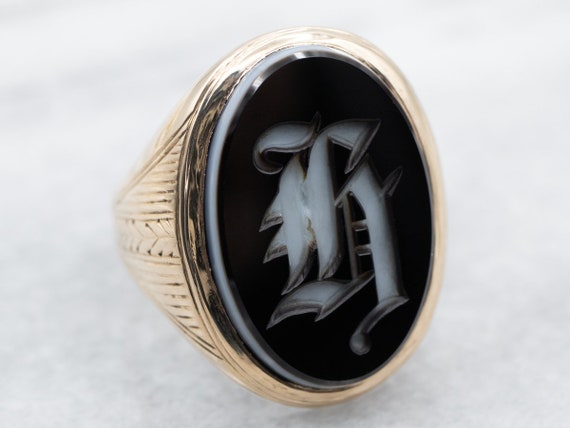 Carved "H" Initial Black Onyx Signet Ring, Antiqu… - image 1