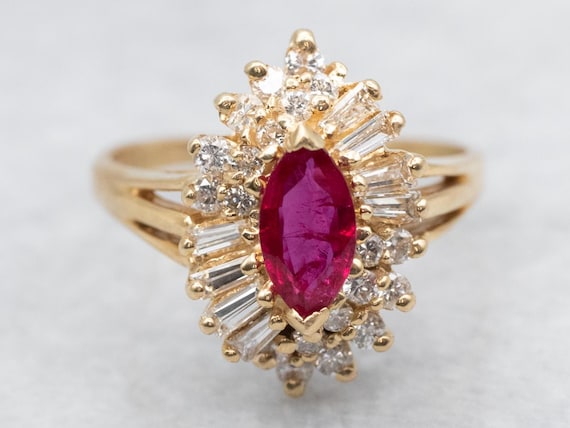14K Yellow Gold Ruby and Diamond Halo Ring, Vinta… - image 1