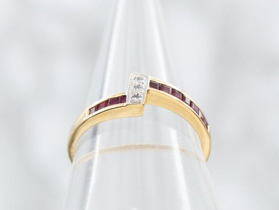 14K Yellow Gold Diamond Ruby Bypass Ring, Size 7 - image 3