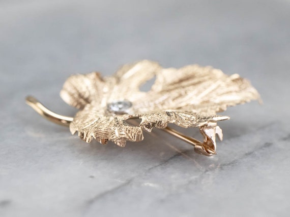 Gold Diamond Grape Leaf Brooch, Gold Leaf Pin, Di… - image 5