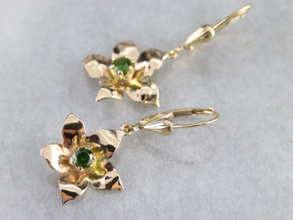 Demantoid Garnet Flower Drop Earrings, Yellow Gol… - image 3