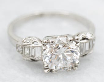 Retro Platinum Diamond Engagement Ring, Round Brilliant, Baguette Accents