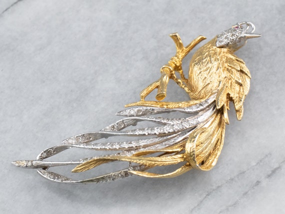 Diamond Gold Platinum Bird Brooch, Tropical Bird … - image 3