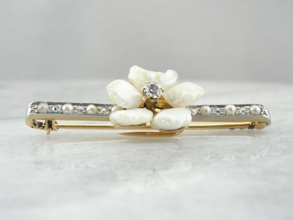 Fine Diamond and Pearl Blossom Brooch, Belle Époq… - image 3