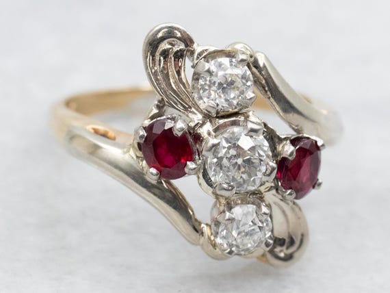 Vintage 14K Two-Tone Gold Ruby Diamond Bypass Ring - image 2