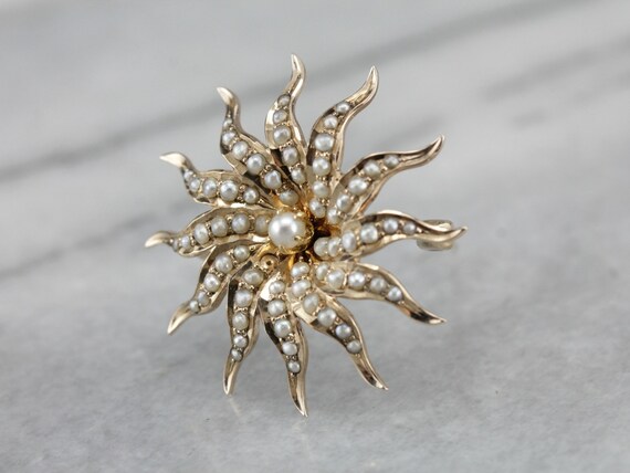 Antique Seed Pearl Starburst Brooch, Victorian Pe… - image 6