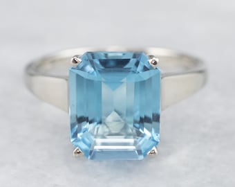 14K White Gold Blue Topaz Cocktail Ring, Emerald Cut