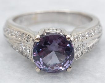 14K White Gold Synthetic Alexandrite Ring, Diamond Accents
