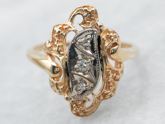 Yellow and White Gold Diamond Ring with Ornate Fr… - image 1