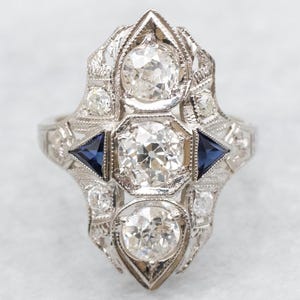 Art Deco Inspired Old Mine Cut Diamond and Synthetic Sapphire Dinner Ring, Diamond and Sapphire Ring, Diamond Dinner Ring, Ring A52364