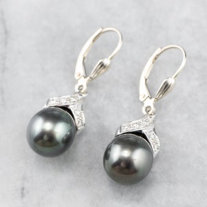Grey Pearl Diamond White Gold Earrings, Drop Earrings, Bridal Jewelry, Gift for Her, Modern Pearl Earrings, XL7E22ND