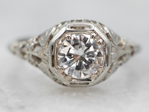 Art Deco Diamond Ring, Diamond Solitaire in White… - image 1