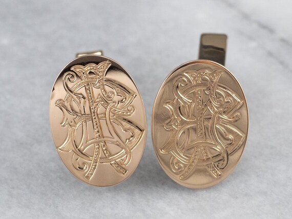 Antique 14K Yellow Gold Monogram Cufflinks, BI In… - image 1