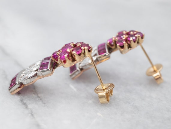 14K Gold Ruby Diamond Earrings, Two Tone Dangle E… - image 3