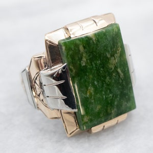 Retro Era Men&#39;s Jade Ring, Jade Two Tone Gold Ring, Jade Jewelry, Large Gold Jade Ring, Right Hand Ring, Men&#39;s Vintage Jewelry A16189