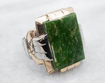 Vintage Herren Jade Ring, 10K zweifarbiges Gold, Retro Ära