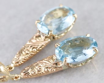 Victorian 14K Gold Blue Topaz Drop Earrings, Antique Cufflink Jewelry