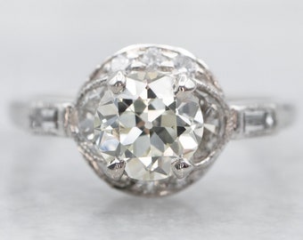 Platinum Old Mine Cut Diamond Engagement Ring, Diamond Accents