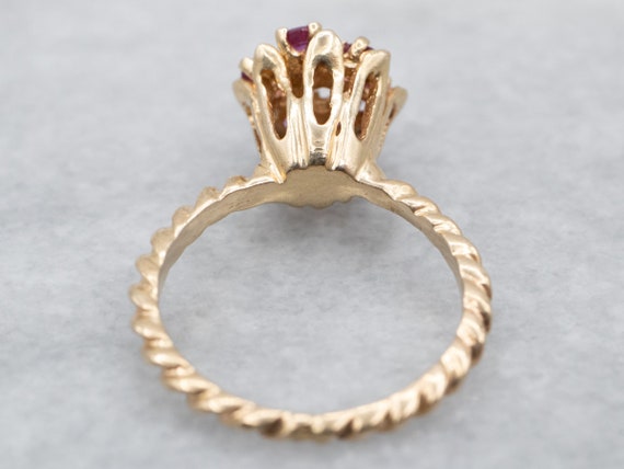 14K Yellow Gold Diamond Ruby Flower Ring, Halo De… - image 5