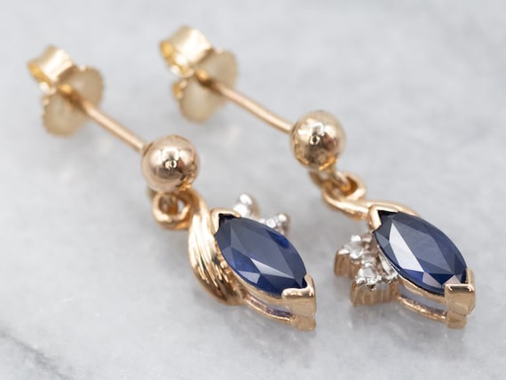 Sapphire and Diamond Drop Earrings, Marquise Sapp… - image 1