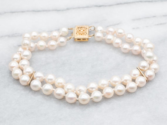 Yellow Gold Pearl Bracelet With Filigree Clasp, Double