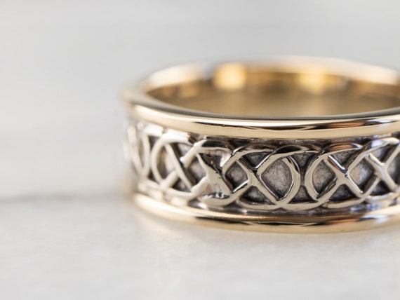 Patterned Two Tone Gold Wedding Band, Lattice Pat… - image 5