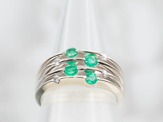 Multi Stacked Emerald Diamond Ring, White Gold Em… - image 4