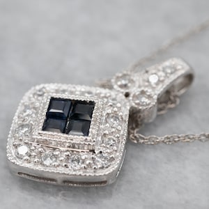 Sapphire and Diamond Halo Necklace, Gold Sapphire Necklace, Sapphire White Gold Necklace, Halo Pendant, Anniversary Gift A9109
