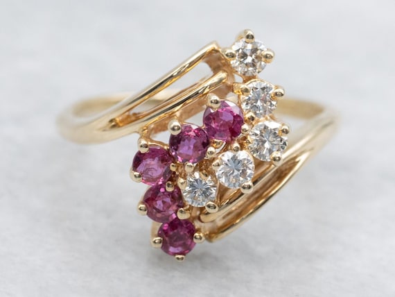 14K Yellow Gold Ruby and Diamond Cluster Ring, By… - image 1