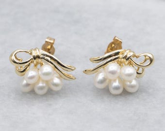 Vintage 14K Yellow Gold Freshwater Pearl Cluster Earrings