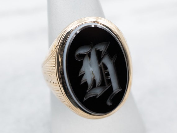 Carved "H" Initial Black Onyx Signet Ring, Antiqu… - image 3