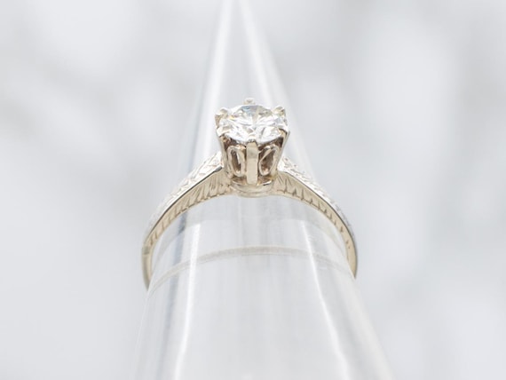 Antique 14K White Gold Diamond Ring, Wheat Engrav… - image 3