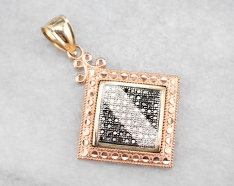 Ciondolo in oro rosa 14 carati con diamanti, diamanti bianchi e neri, design vintage