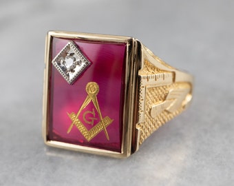 Masonic Ruby Glass Gold Ring, Fraternal Ring, Freemason Ring, Gift for Him, Men's Ring, Signet Ring, QZ9VZU0R