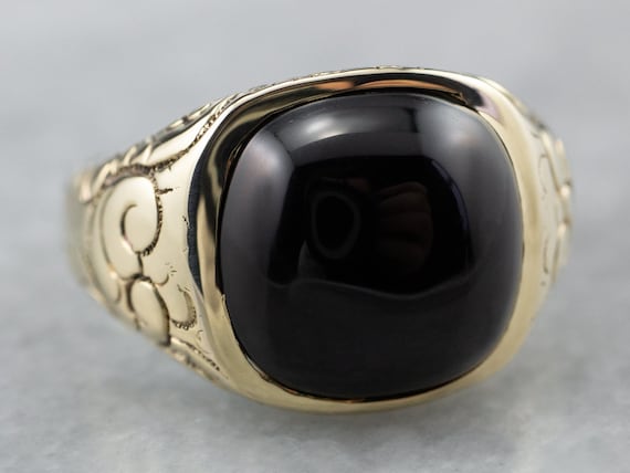 Victorian Black Onyx Gold Ring, Antique Patterned