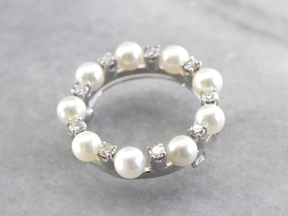 Elegant Vintage Pearl and Diamond Circle Pin, Pea… - image 1