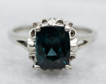 Teal Blue Spinel Solitaire Ring, 14K White Gold, Vintage Cushion Cut