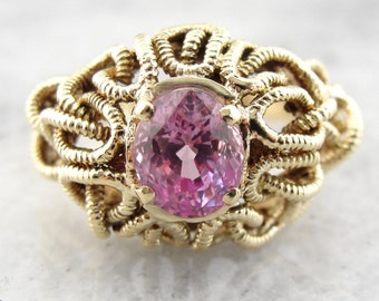 Vintage 18K Gold Pink Saphir Cocktail Ring, verzierten filigranen