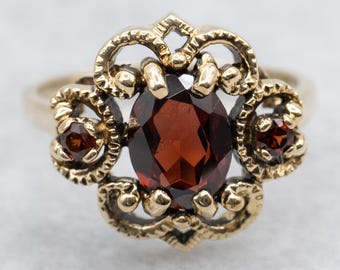 Vintage 14K Yellow Gold Garnet Ring, Scrolling Design