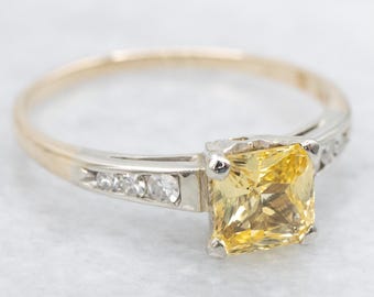 Anel retrô em ouro 14K com safira amarela e diamantes
